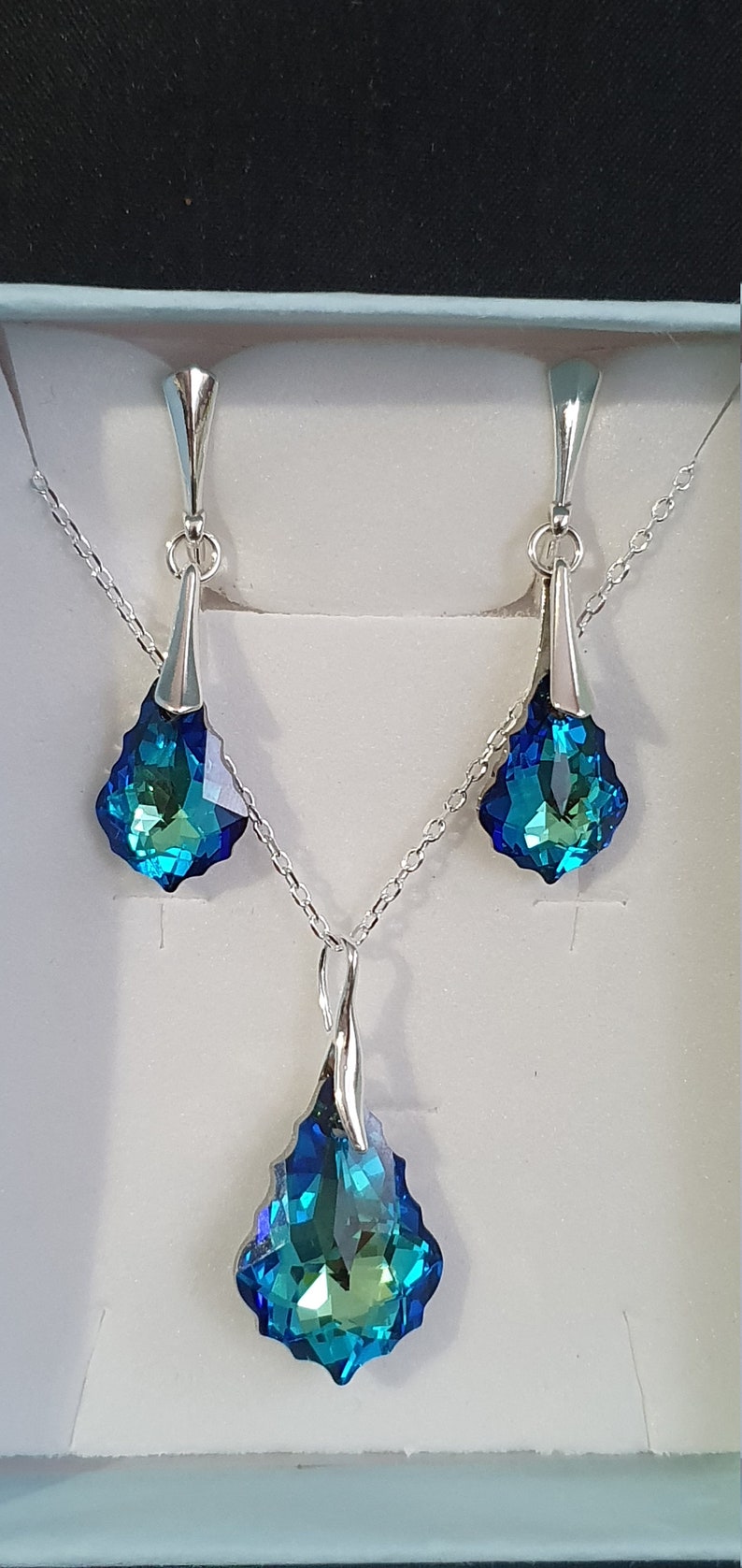 Crystal, crystal set, silver set 925, baroque drops, earrings, pendant, blue bermuda, image 3