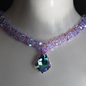 Genuine crystal choker, purple choker ab2x, baroque drop pendant, light stained glass crystal