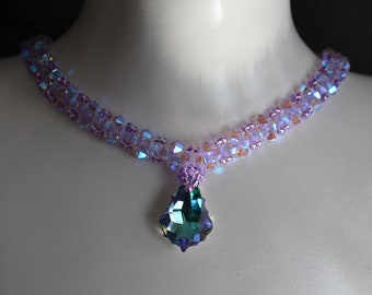 Genuine crystal choker, purple choker ab2x, baroque drop pendant, light stained glass crystal