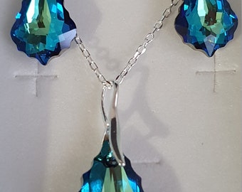 Crystal, crystal set, silver set 925, baroque drops, earrings, pendant, blue bermuda,