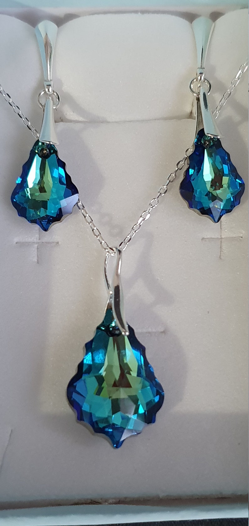 Crystal, crystal set, silver set 925, baroque drops, earrings, pendant, blue bermuda, image 1