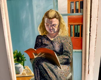 Pintura al óleo original firmada por Arnold / Niña leyendo un libro / Arte figurativo enmarcado de gran tamaño 30,5 x 25 / Decoración de pared con retrato vintage