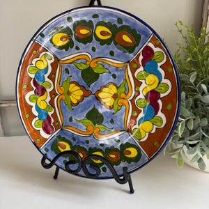 Hand-Painted Talavera Ceramic Plate 11.5" – Vibrant Floral  Geometric Patterns in Blue, Red, Yellow & Green – Mexican Folk Art Décor