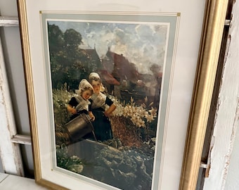 The Little Gardeners” Print by Edmond Louyot | Framed French Impressionist Poster | Children Garden Art | Cottage Wall Decor