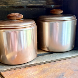 Vintage Mirro Copper Canister Set, Rose Gold Anodized Aluminum Kitchen Canisters, Wood Knob Lids, Retro Mid Century Storage