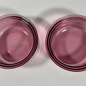 May include: Two matching, round, clear, purple glass bowls. Each bowl has a ridged design around the rim and a smooth, flat bottom. The bowls are side-by-side against a white background.