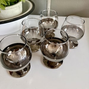 Vintage Smoke Gray Brandy Snifters, Mercury Fade Glass Stemware, Silver Base Cocktail Glasses, Retro Barware Set, Elegant Drinkware