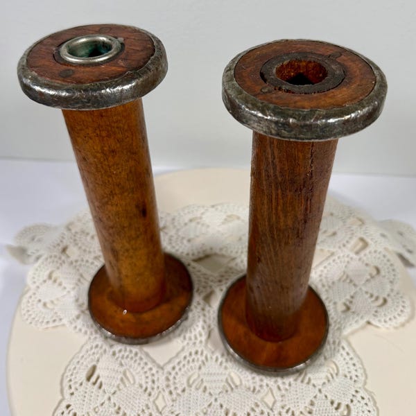 Vintage Industrial Textile Mill Spools - Set of 2