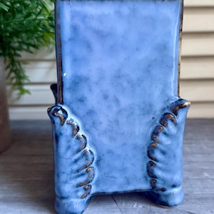 Vintage Blue Brown Ceramic Planter | Handcrafted Pottery Vase with Leaf Design | Textured Enamel Glaze Pot | Boho Desk Organizer