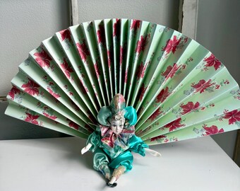 Vintage Porcelain Jester Clown Doll | Harlequin Figurine with Fan | 1980s