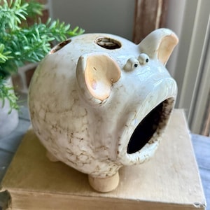May include: A ceramic pig-shaped container with a glossy, off-white glaze featuring brown mottled speckles. The figure has two small ears, two tiny eyes, and a large, wide-open circular mouth on the front. There is a circular opening on top.
