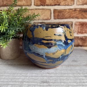 Unique Blue and Tan Studio Pottery Bowl — Artisan Ceramic Pot/Planter