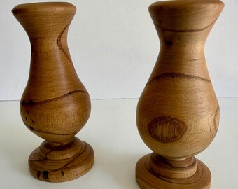 Par de portavelas de madera de olivo torneada, candelabros rústicos de madera hechos a mano con veta natural, decoración de estilo granja.