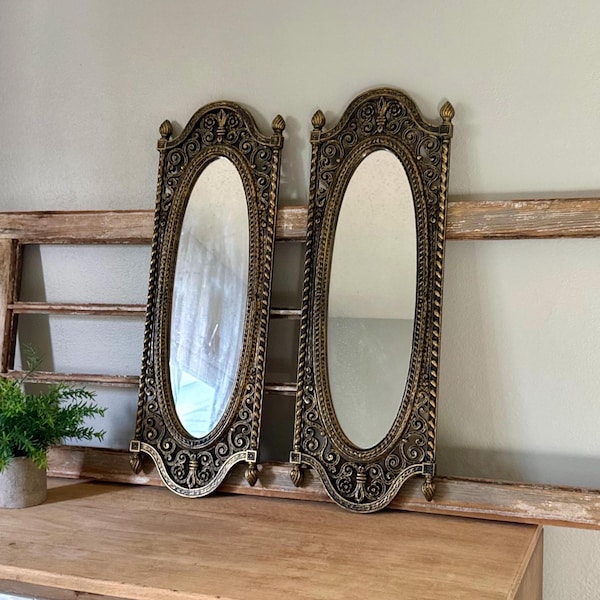 Homco 2356 Wall Mirrors Pair | 1973 Spanish Revival Gothic Black Gold Mirrors
