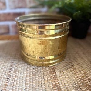 May include: A round, polished brass planter featuring a wide, hammered texture band around the centre. The container has a smooth, flared rim and a slightly tapered base, showcasing a metallic gold finish with subtle signs of natural ageing.