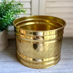 May include: A polished brass planter with a cylindrical shape and a smooth, reflective surface. The container features a series of horizontal ridges near the top and bottom rims, providing a subtle texture to the otherwise plain metallic exterior.