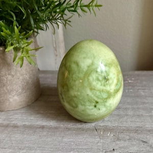 May include: A smooth, polished egg-shaped object with a marbled appearance in various shades of light and dark green. The surface has a glossy finish that reflects light, showcasing natural swirling patterns throughout the stone-like material.