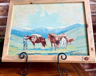 Western Painting by John H. Robinson | Cowboy with Pack Horses | Framed Mountain Landscape Art | Rustic Ranch Cabin Decor