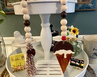 Sweet Farmhouse Garland!  Faux Vanilla Ice Cream Cone w/Chocolate Sauce And A Cherry on Top, Wood Bead Garland. Faux Food Display.