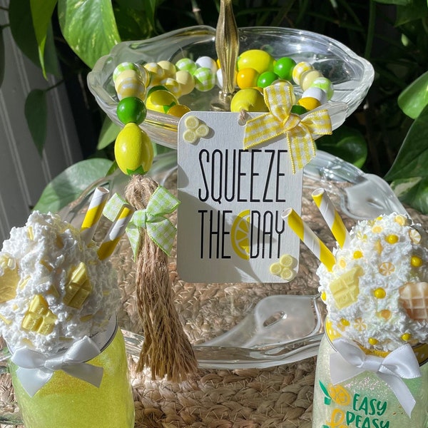 Summer Farmhouse, Wood Bead Garland, "Squeeze The Day", Lemon Fresh, Fresh Lemon Home Decor.  Perfect Addition To Tiered Trays. Zesty Decor.