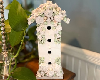 Victorian Chic, Birdhouse. Flowers/Pearls, Handmade w/Old Buttons, Clay Roses, Vintage Jewelry, Genuine Freshwater Pearls, Glass Roses.