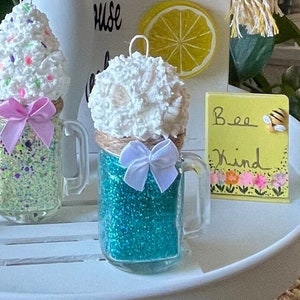 Coastal Faux Ice Cream Sundae Ornament: Aqua Blue Glitter Dessert Decor