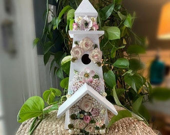 Victorian-Style, Mosaic Birdhouse of Flowers and Pearls, Handmade, Chic Lighthouse Style. Genuine Pearls. Bone China. Antique Flowers.