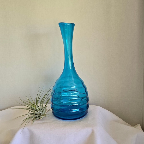 Vintage Blenko Turquoise Blue Beehive Vase 64E Hand Blown