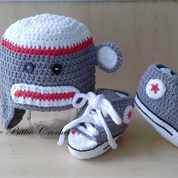 READY To SHIP, Crochet baby sock monkey set, baby sock monkey, handmade monkey, baby sneakers, baby tennis shoes