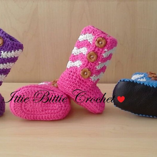 Crochet Chevron Booties, Baby girl hi-top booties, baby and toddler chevron boots, photo baby prop, leather sole boots, wood button booties