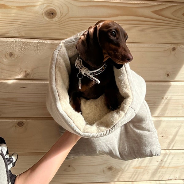 Bio HANF Hundekuschelsack, Burrow Bag, Schlafsack, Haustierbett-karierte Decke gefüllt mit organischen HANF-Fasern in Hanf-Leinen-Stoff personalisiert