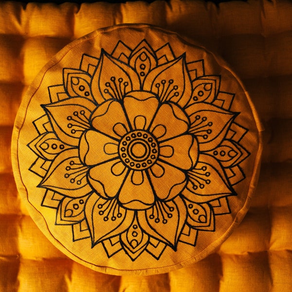 Embroidery Zafu Linen floor cushion with Buckwheat hulls /Organic Meditation cushion/ pillow seat/Meditation pillow for Yoga studio