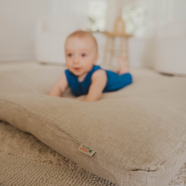 Organic Play mat filled HEMP Fiber in non-dyed linen fabric  Nursery Baby Blanket Blanky padded