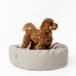 Cuna de cama para mascotas de lino de cáñamo redonda única con cubierta de lino natural no teñida lavable extraíble casa de fibra de cáñamo orgánica rellena regalo ecológico imagen 1