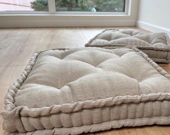Cojín de suelo de cáñamo con relleno de fibra de cáñamo orgánico en tela de lino natural sin teñir / almohada de suelo Asiento de almohada / Meditación Yoga / Natural