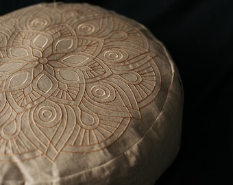 Borduurwerk Zafu-linnen vloerkussen met boekweitdoppen / biologisch meditatiekussen / zitkussen / meditatiekussen voor yogastudio