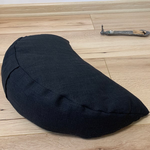Black linen meditation Cresсent cushion filled with buckwheat hulls gift for him Yoga support pillow