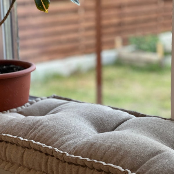 Hemp natural non-dyed dark grey window Mudroom Floor Bench cushion with organic hemp fiber filling in linen fabric custom made