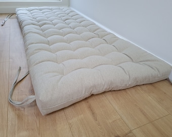 Cojín de lino de cáñamo con lazos relleno de fibra de cáñamo orgánico en tela de lino natural sin teñir, cojín para banco de ventana hecho a medida