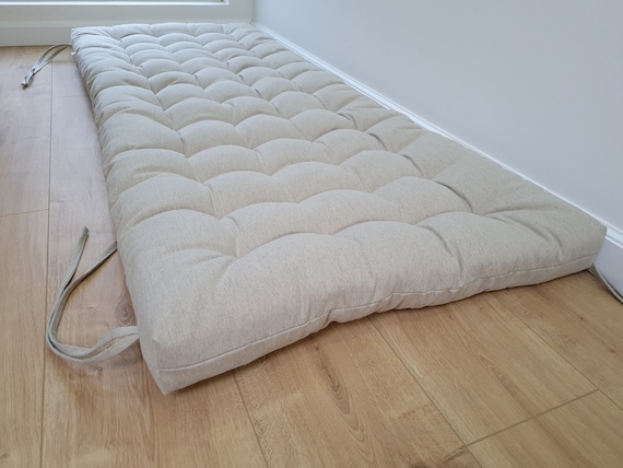 Hemp Linen cushion with ties filled organic hemp fiber in natural non dyed linen fabric window bench cushion  custom made