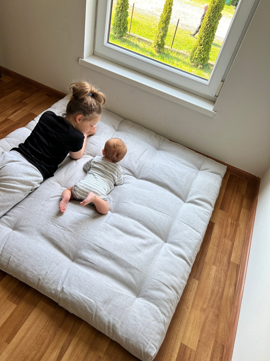 Organic Play Mat Crawling Mat Filled HEMP Fiber in Nondyed Linen Fabric Playpen Blanket Blanky
