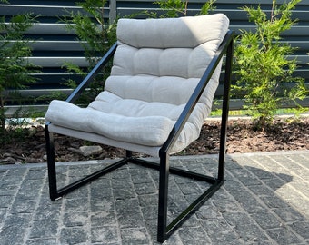 Hemp Chair Cushion with  Metal Armchair Lounge Sling Chair Thick Linen Fabric Modern Minimalist Scandinavian Hand Made to order