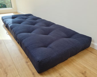 HEMP shikibuton Estera de 6" de espesor Shiki futón relleno de fibra de cáñamo orgánico en tela de lino azul oscuro denso natural Tamaño personalizado Hecho a mano