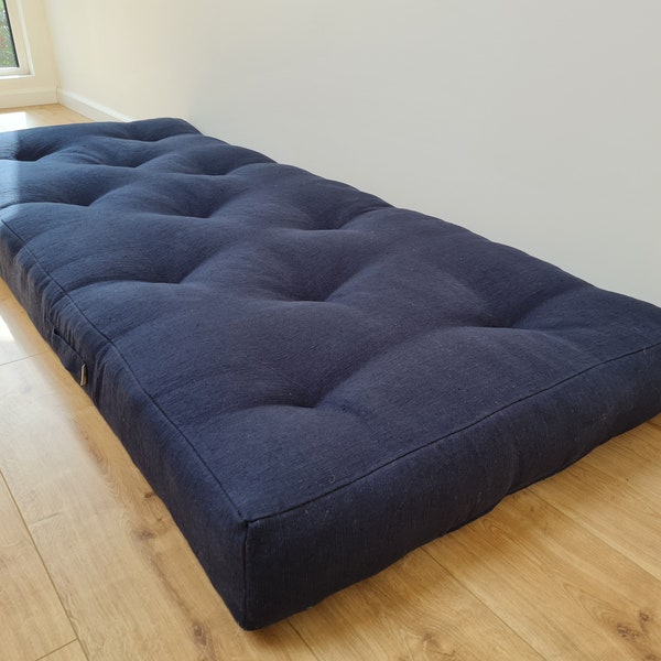 HEMP shikibuton  6” thick mat  Shiki futon filled organic hemp fiber filler in natural dense dark blue linen fabric Custom Size Hand made