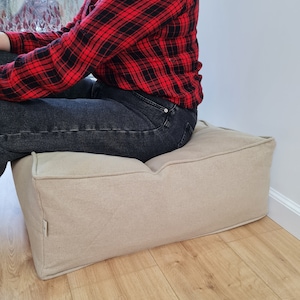 Unique HEMP Floor Cushion Marogan filled organic Hemp Fiber with removable Cover with zipper in natural linen fabric couch settee ottoman zdjęcie 9