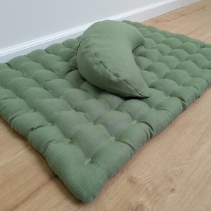 Set of linen meditation olive Cresсent cushion + mat floor cushion  23&quot; x 35&quot; filled with buckwheat hulls