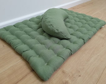 Set of linen meditation olive Cresсent cushion + mat floor cushion  23" x 35" filled with buckwheat hulls