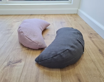 Linen meditation Cresсent cushion filled with buckwheat hulls
