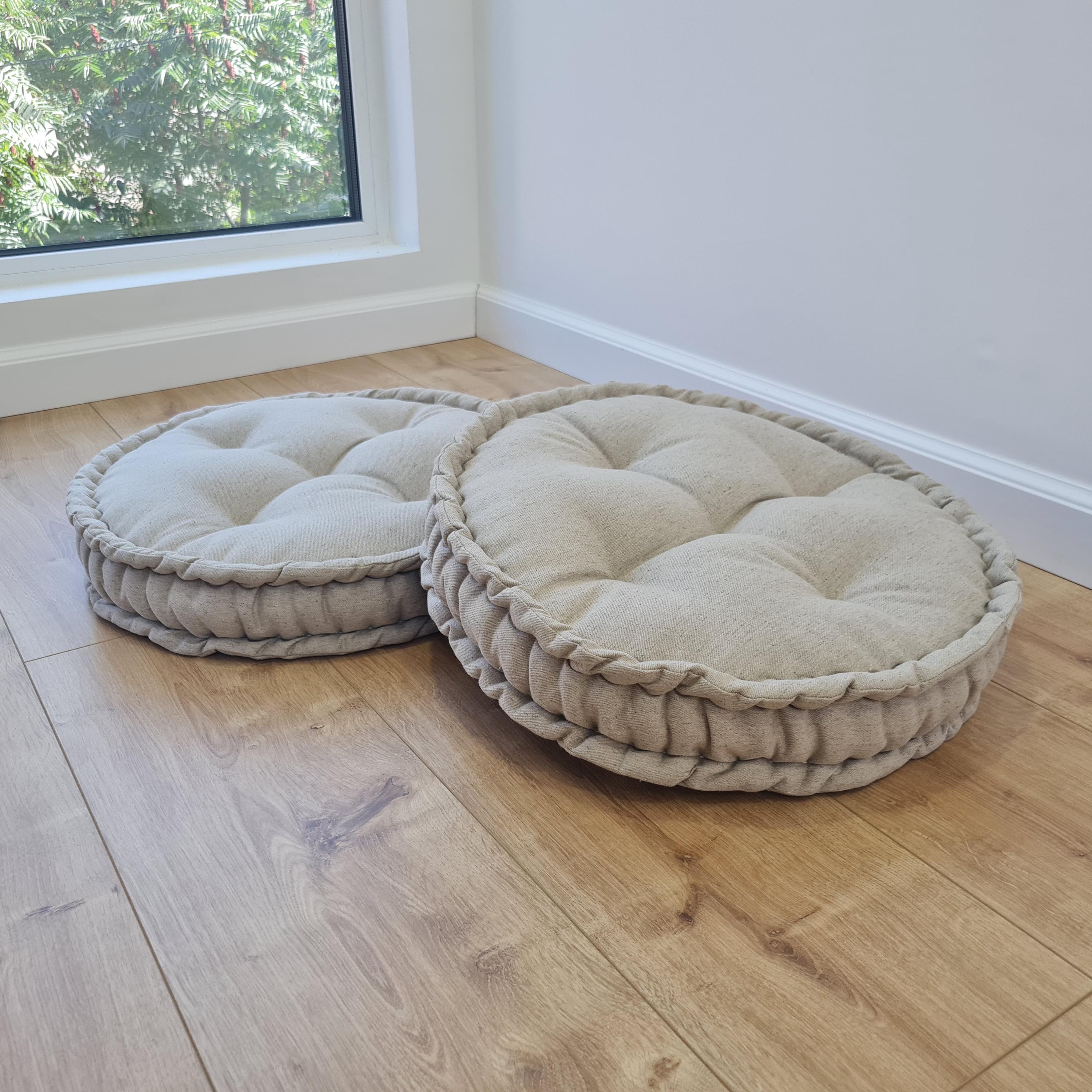 Round Hemp Cushion filled Hemp Fiber in natural non-dyed Linen fabric organic Floor Chair Cushion Meditation pillow custom made size D16