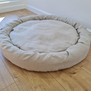 Low Round Hemp Linen Pet Bed Cot with Removable Washable Natural Non-dyed Linen Cover with thick cushion inside Filled Organic Hemp Fiber